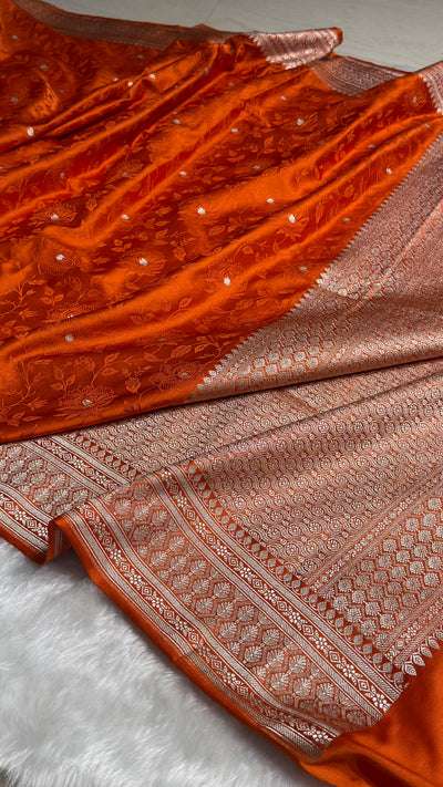 Banarasi Tanchoi Rust Orange Shades Floral Booti Mashru Silk Saree MCS59