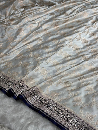 Contrast White with Navy Blue Floral Jaal Mashru Silk Saree  MS28