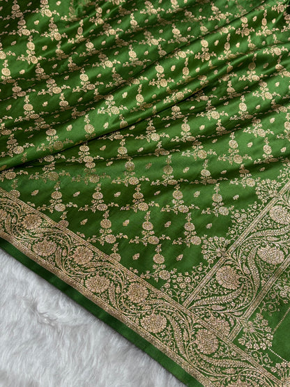 Banarasi Satin Katan Saree Jaal Pattern In Mahndi Green Shades SK133