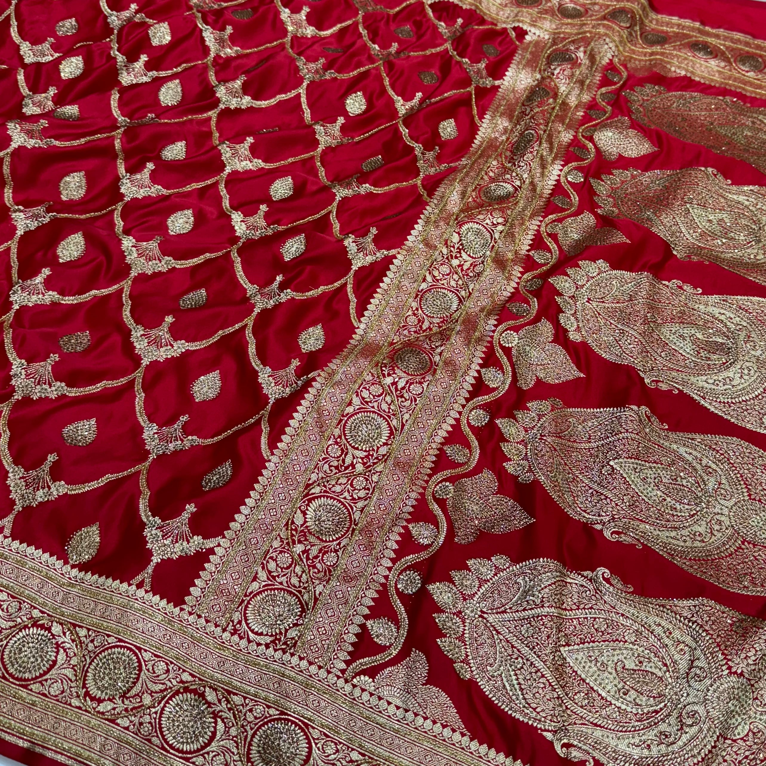 Red Mashru Silk with Ari and Stone