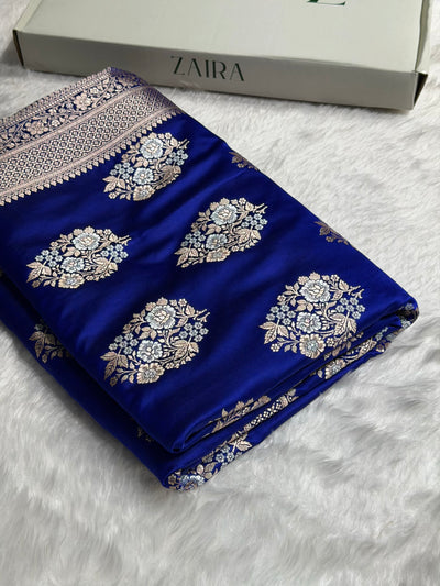 Premium Banarasi Satin Katan Saree With Minakari Boota in Royal Blue Shades SK93