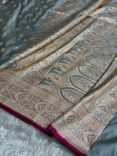 Floral boota Satin katan Silk Saree In Turquoise Shades SK12