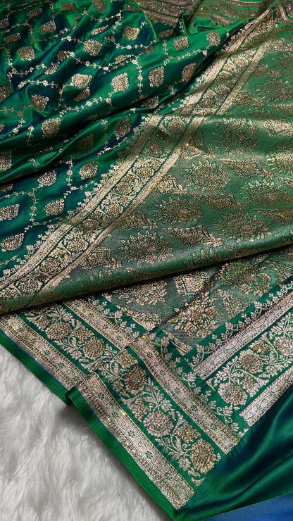 Cross Green Floral Jaal Pattern Satin Katan Silk saree BSK42