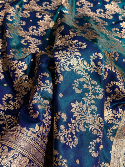Peacock Shades Jaal Pattern Banarasi Satin Silk Saree SS49