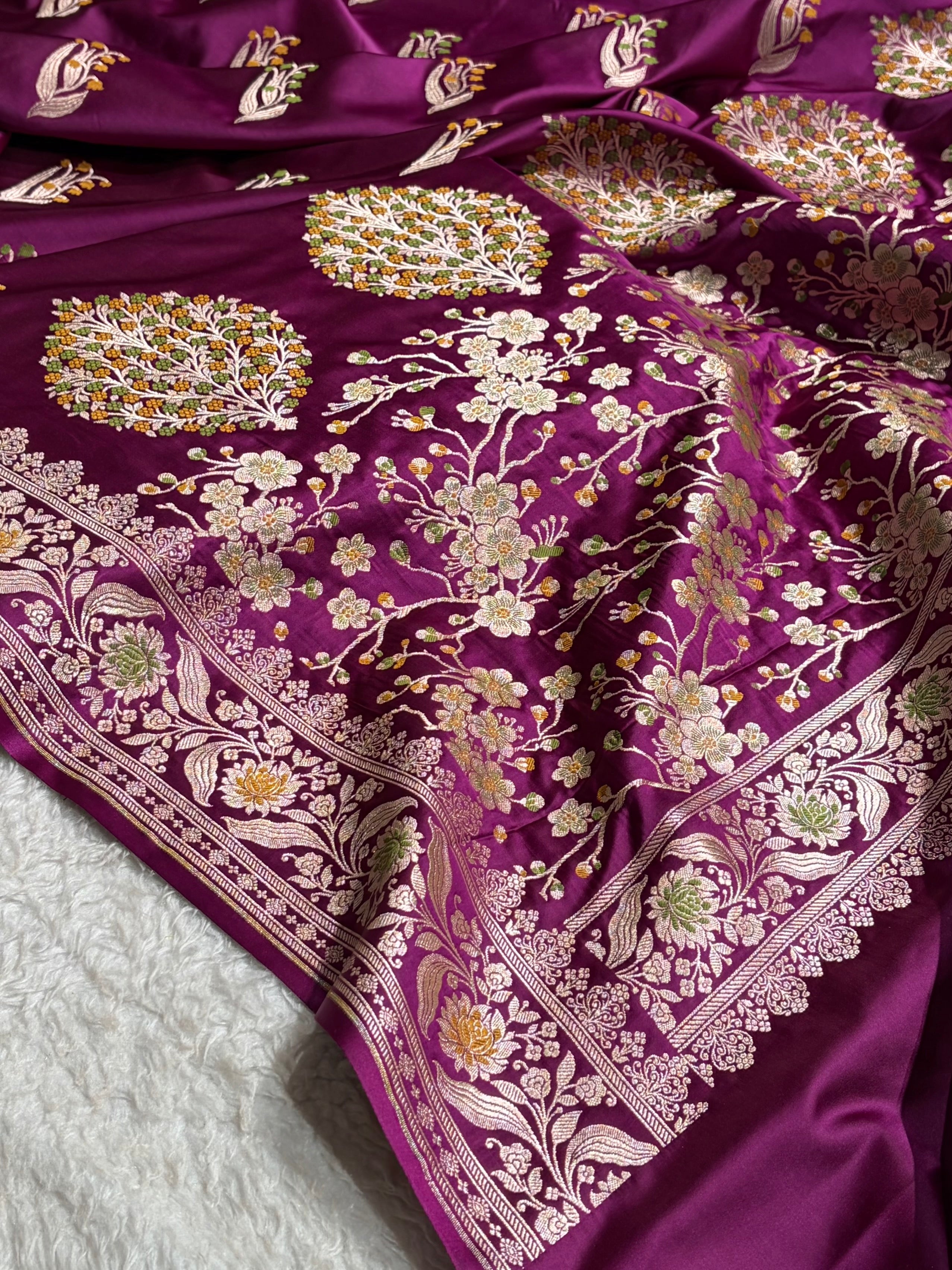 Wine Shades Banarasi Boota Pattern Minakari Floral Mashru Silk Saree MSM-121