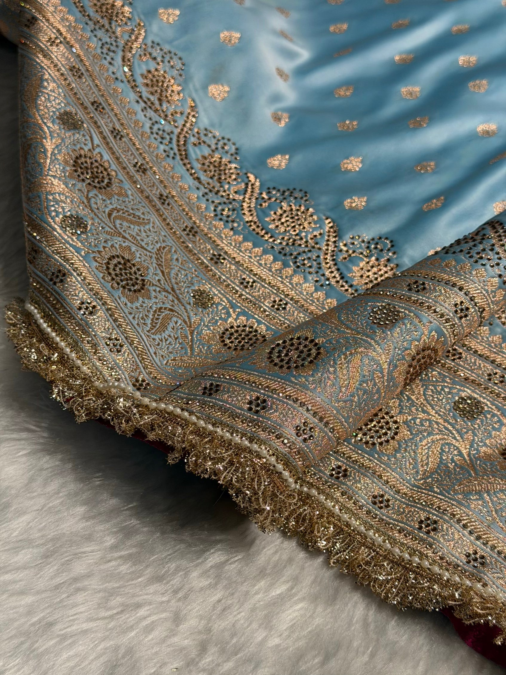 Banarasi Katan Silk Saree In light Sky Blue Shades With Swarovski & Gotta Patti Work BSKGP08