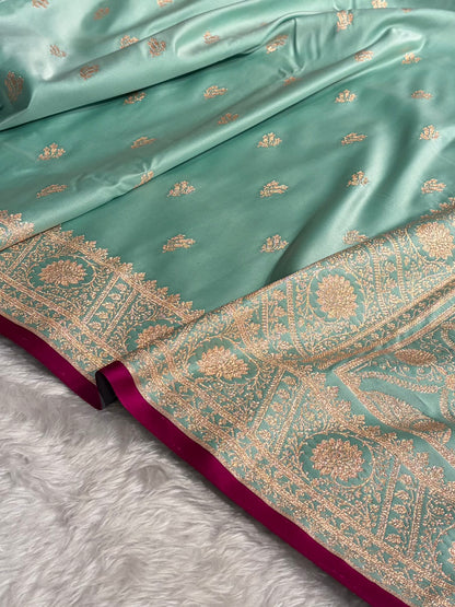 Banarasi Satin Katan Saree With Boota in Sea Green Shades SK110