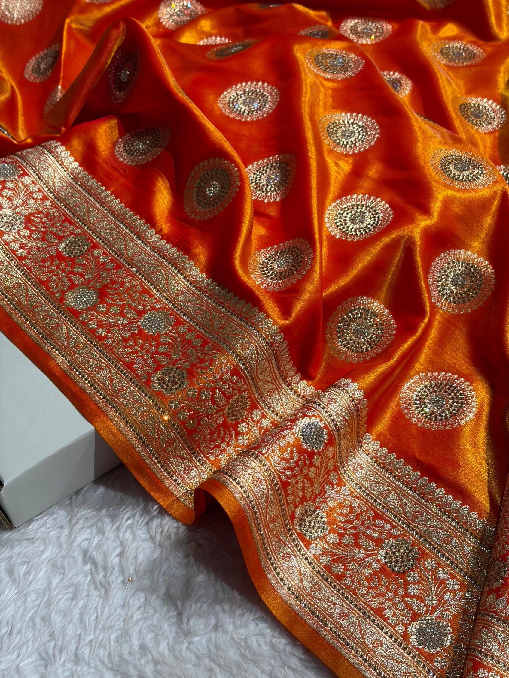 Fire Gold Shades Banarasi With Swarovski Stone Work Satin Silk Saree BSS33
