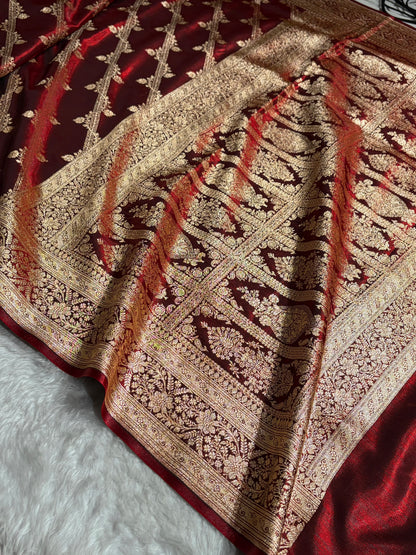 Maroon Shades Cross Pattern Banarasi Satin Silk Saree SS50
