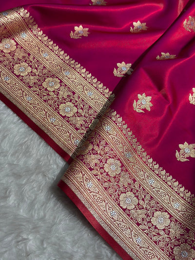 Reddish Magenta Shades Minakari Boota Pattern Banarasi Satin Silk Saree SS44