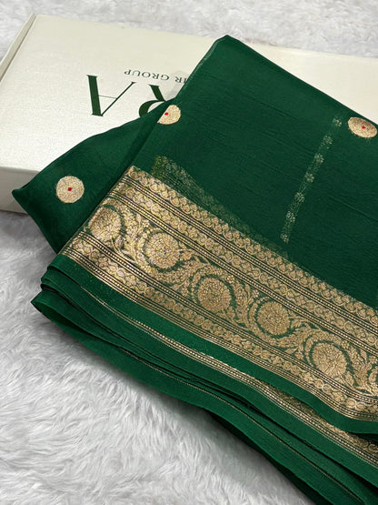 Pure Banarasi Organza Bottle Green Shades With Minakari Floral Banarasi Silk Saree PO-28