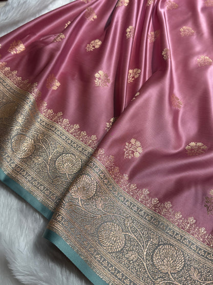 Baby Pink - Turquoise Banarasi Boota Katan Silk Saree SKM29