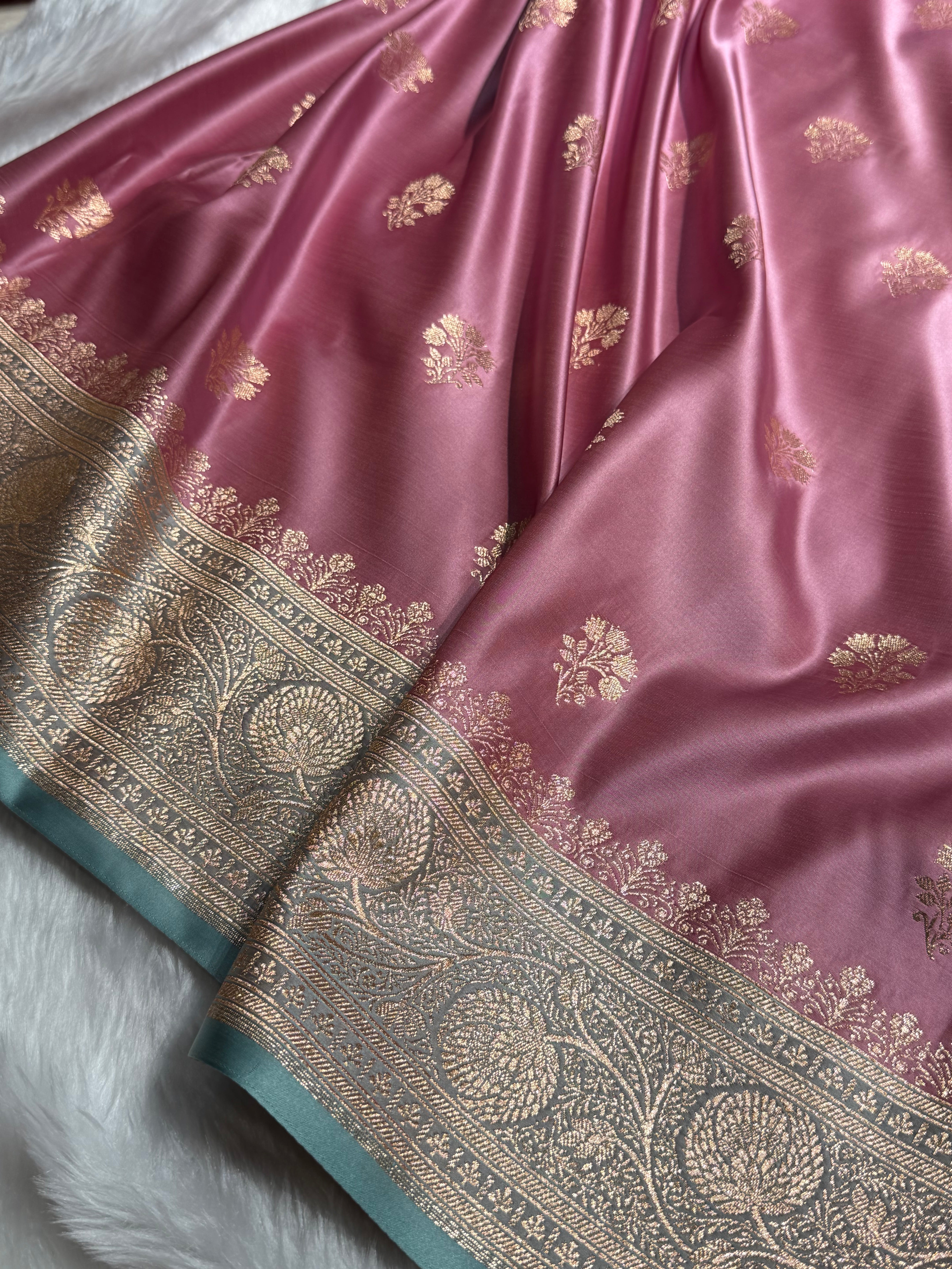 Baby Pink - Turquoise Banarasi Boota Katan Silk Saree SKM29