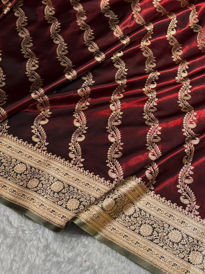 Maroon Contrast Shades Cross Pattern Banarasi Satin Silk Saree SS39