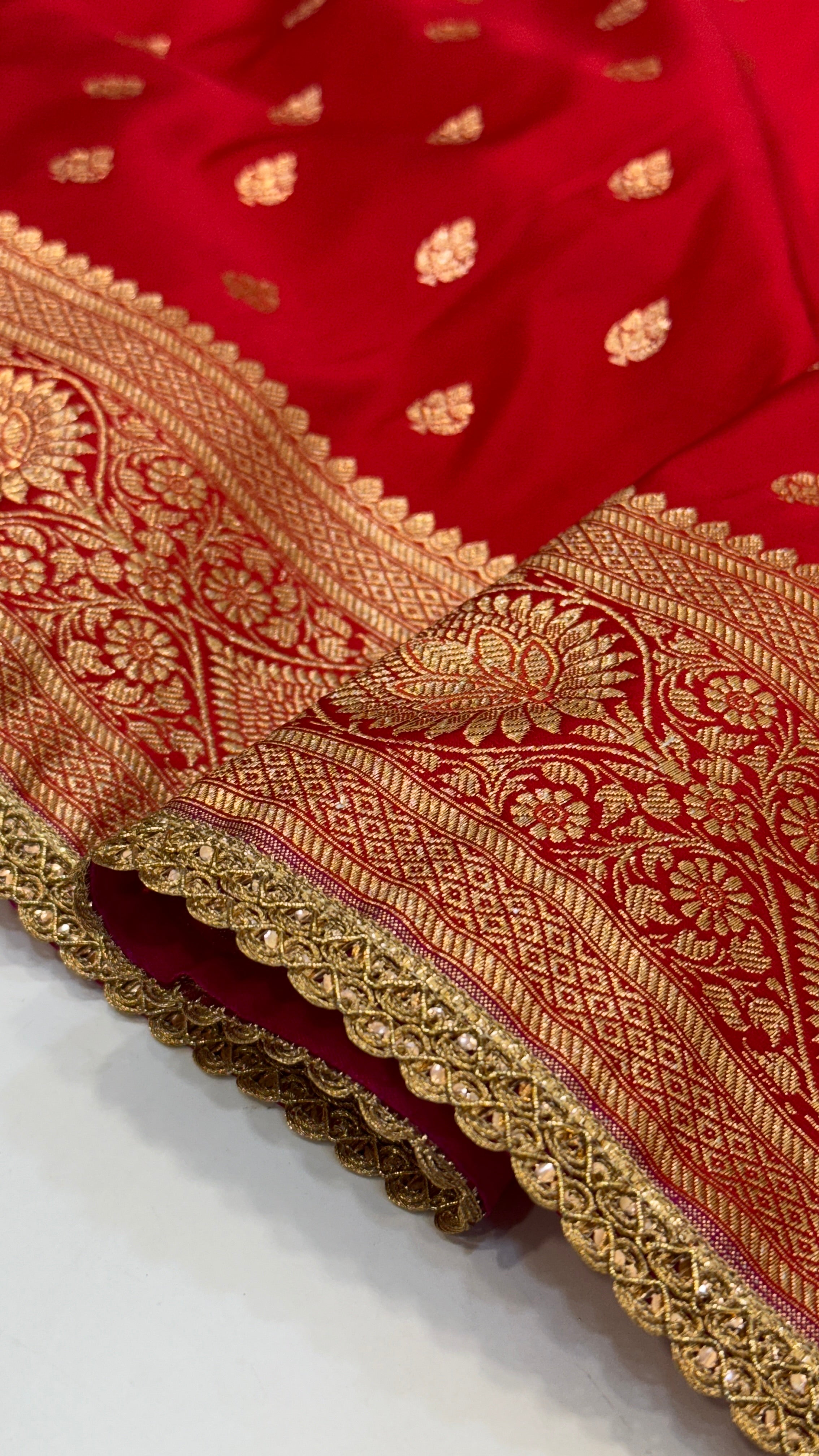 Bridal Red Banarasi Satin Katan Silk Saree with gotta Patti