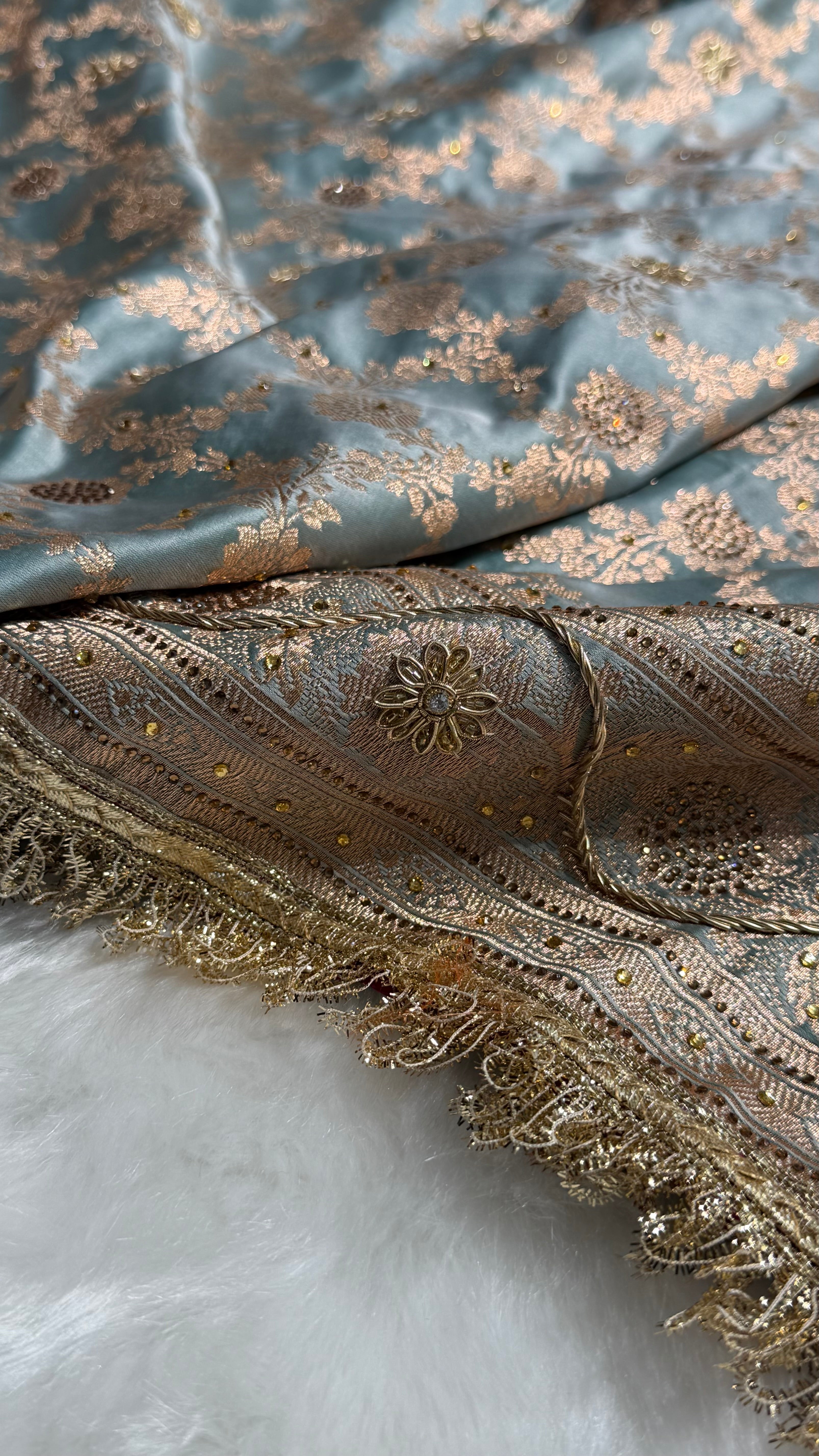 Dusty Turquoise Swavroski Work Jaal Pattern Satin Katan Silk Saree BSK25