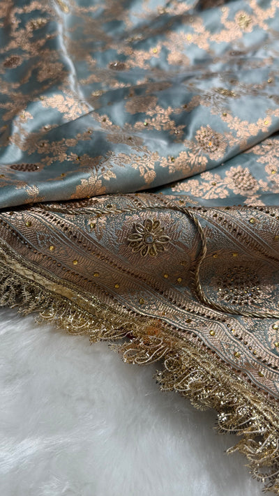 Dusty Turquoise Swavroski & Zardozi Work With Gotta Patti Jaal Pattern Satin Katan Silk Saree BSKGP25