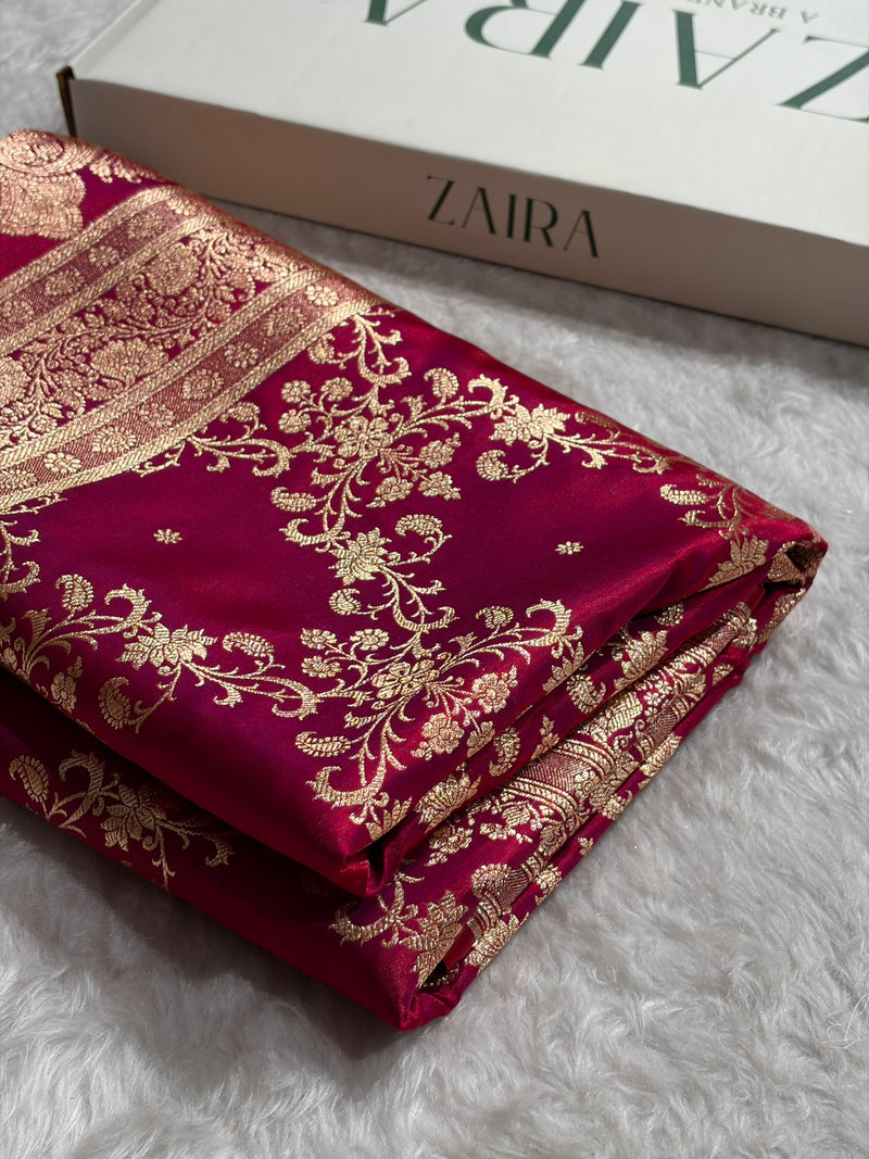 Reddish Magenta Shades Jaal Pattern Banarasi Satin Silk Saree SS48