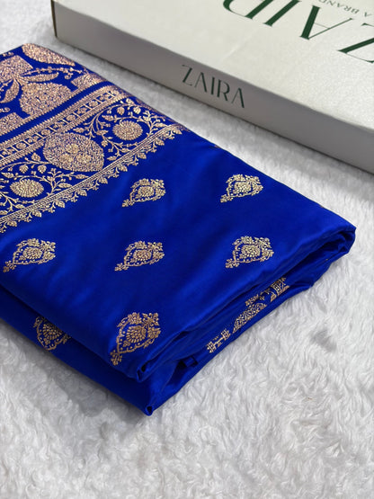 Banarasi Satin Katan Saree With Boota in Royal Blue Shades SK98