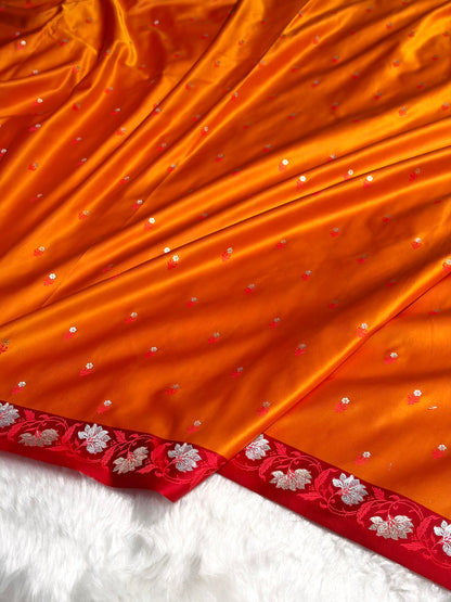 Orange With Red Floral Boota With Floral Border Mashru Silk Saree MSM 78