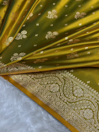 Mehendi Green Floral Unique Boota Satin Katan Silk Saree SK73