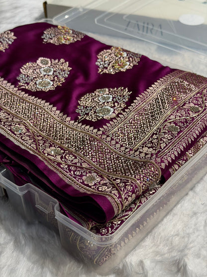 Premium Birdal Banarasi Satin Katan Saree With Swarovski Ari & Zardozi Work Minakari Boota in Wine Shades BSK93