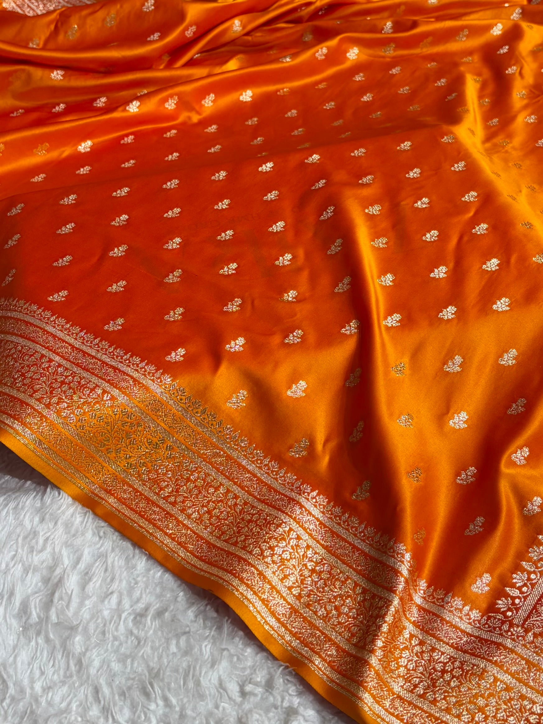 Banarasi Satin Katan Saree With Boota in Orange Gold Shades SK89