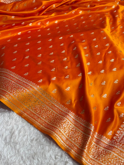 Banarasi Satin Katan Saree With Boota in Orange Gold Shades SK89