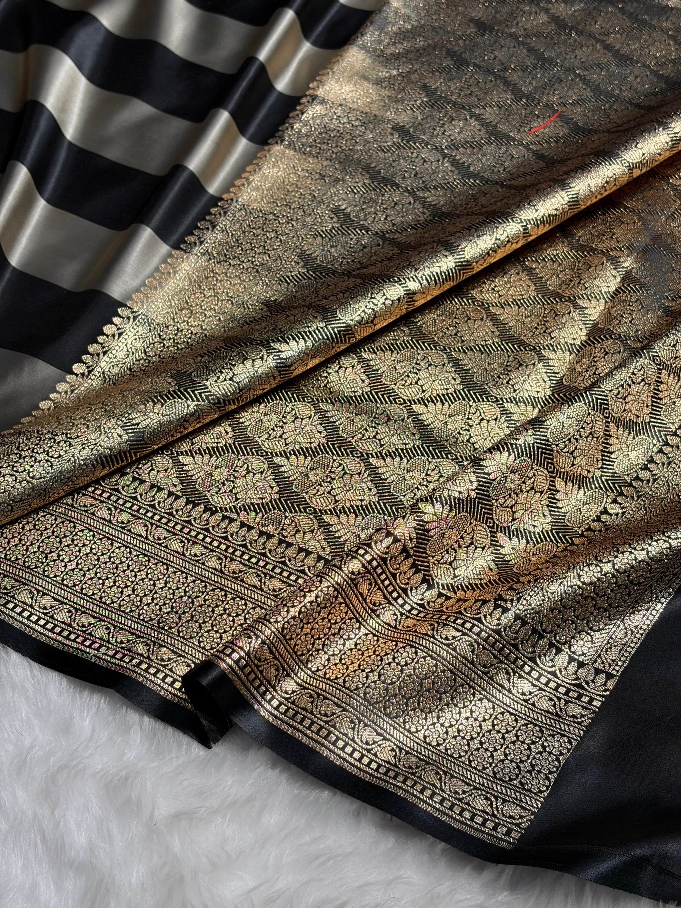 Gray With Black Horizontal Strips Floral Border & Brocket Blouse Mashru Silk Saree MSM-84