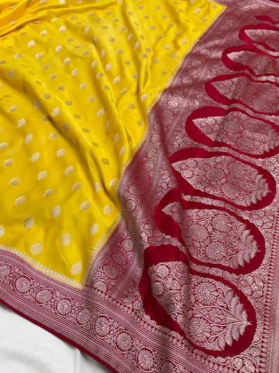 Mustard / Red Contrast Shade With Booti Pattern Mashru Silk Saree
