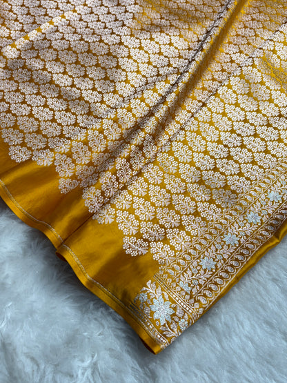 Mustard Shades Plain Banarasi With Minakari Floral Border Mashru Silk Saree MSM-123