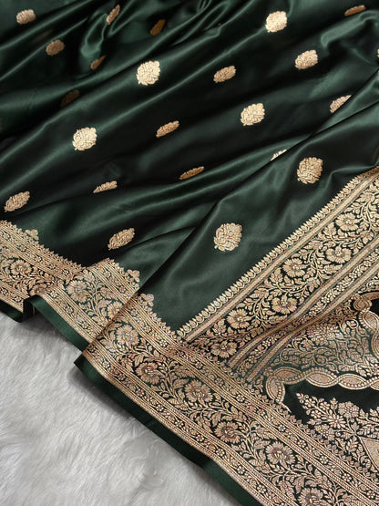 Dark Bottle Green Booti Pattern Satin Katan Silk Saree SK65