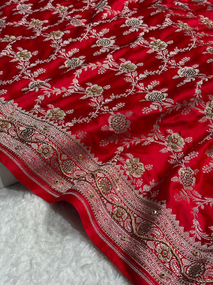 Bridal Red Mashru Silk with Bananasi Ari and swarovski work BMS28