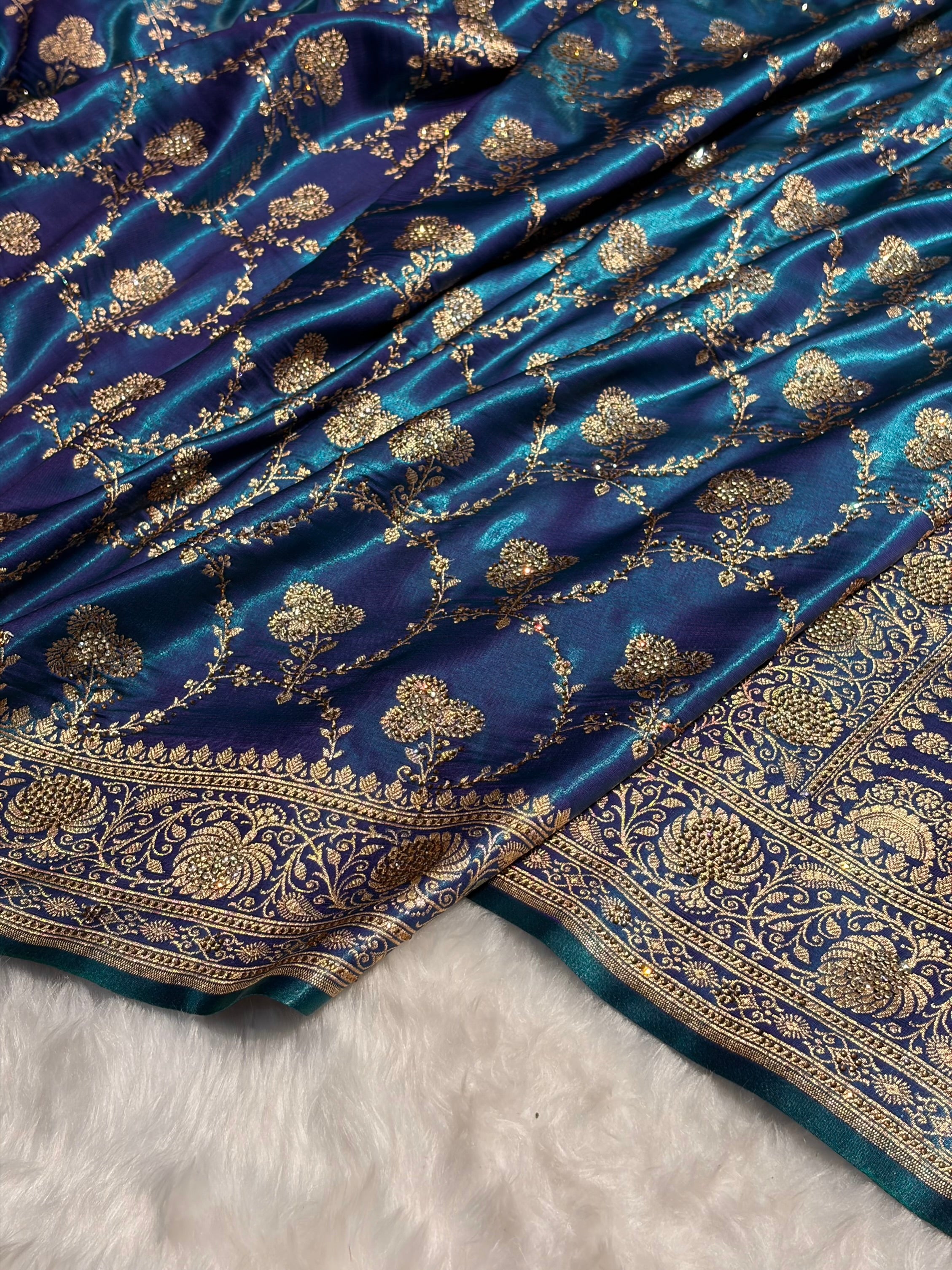 Satin Silk Saree Swarovski Work Jaal in Peacock Blue Shades BSS23