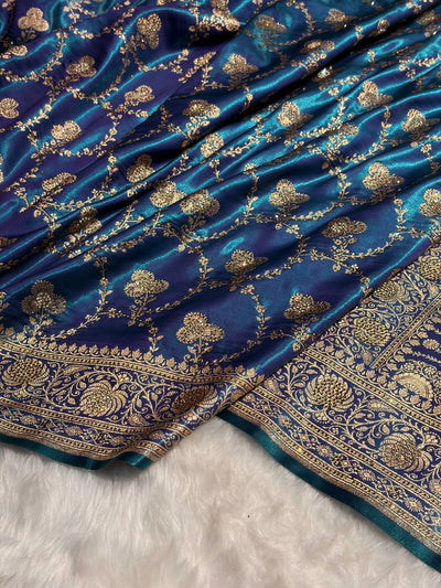 Satin Silk Saree Banarasi Swarovski Work Jaal in Peacock Blue Shades BSS23
