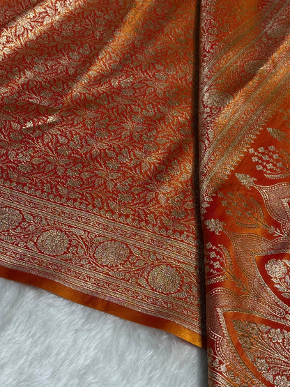Fire Gold Shades Brocket Satin Silk Saree Banarasi Saree Shades SS30