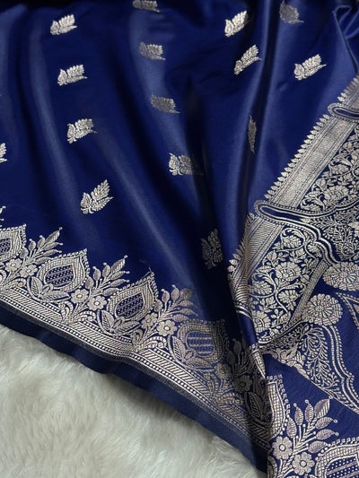 Navy Blue Floral Boota With Floral Border Mashru Silk Saree MSM-80