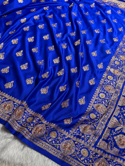 Banarasi Satin Katan Saree With Aari Zardozi Work Boota in Royal blue Shades BSK98