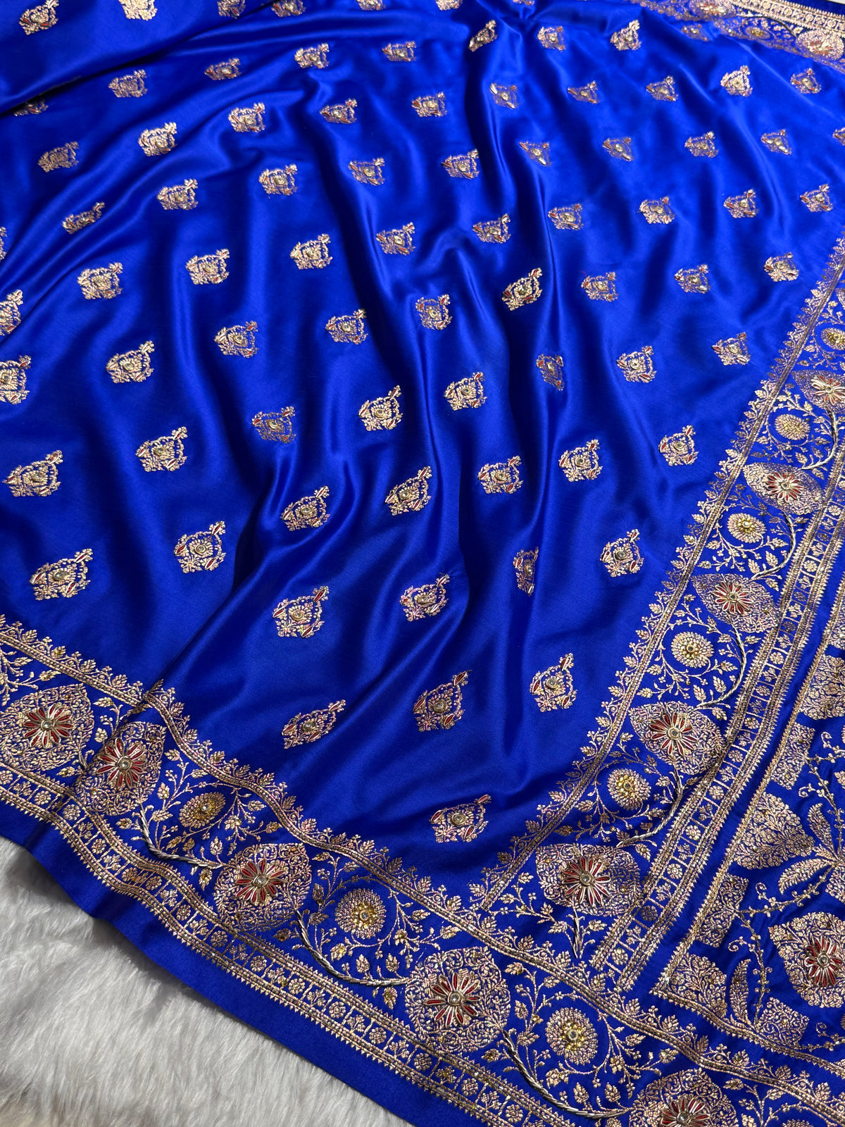 Banarasi Satin Katan Saree With Aari Zardozi Work Boota in Royal blue Shades BSK98