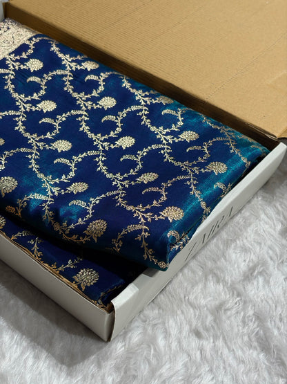 Peacock Shades Jaal Pattern Banarasi Satin Silk Saree SS43