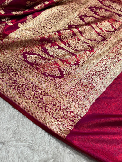 Magnetic Red Shades Cross Pattern Banarasi Satin Silk Saree SS50