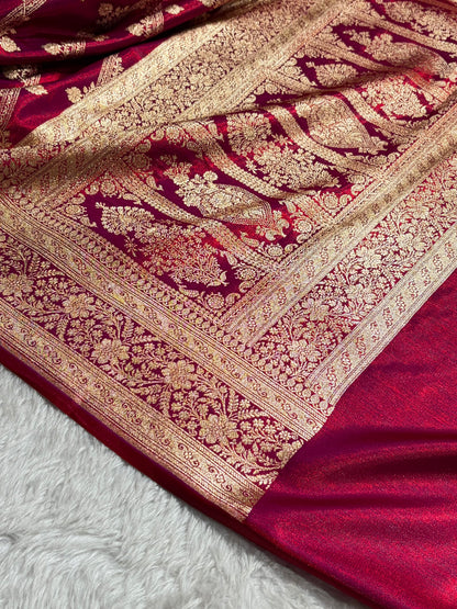 Magnetic Red Shades Cross Pattern Banarasi Satin Silk Saree SS50