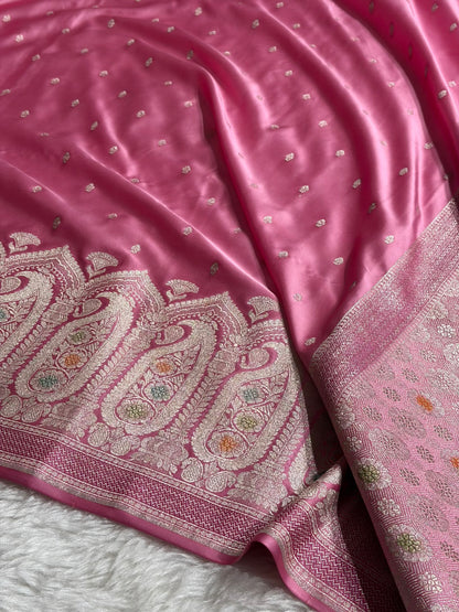 Banarasi Skirt Border Pattern in Baby Pink Shades Floral Mashru Silk Saree MCS95