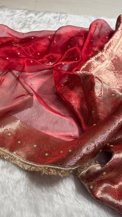 Red Shade Pure Tissue Silk Saree Moti with Gota Patti BPTGP-17