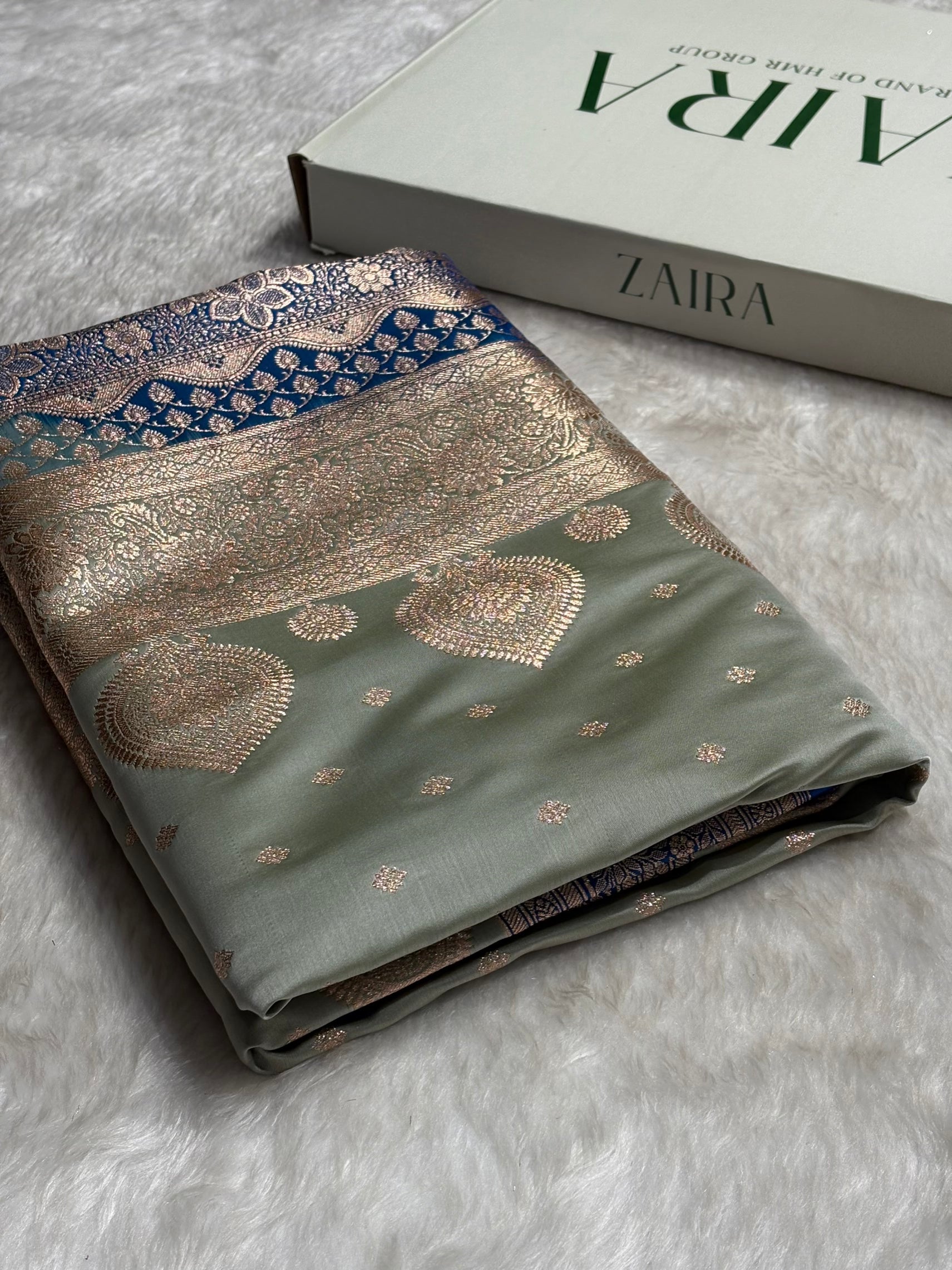 Dark Pista with Firozi Booti Satin Katan Silk Saree SK29