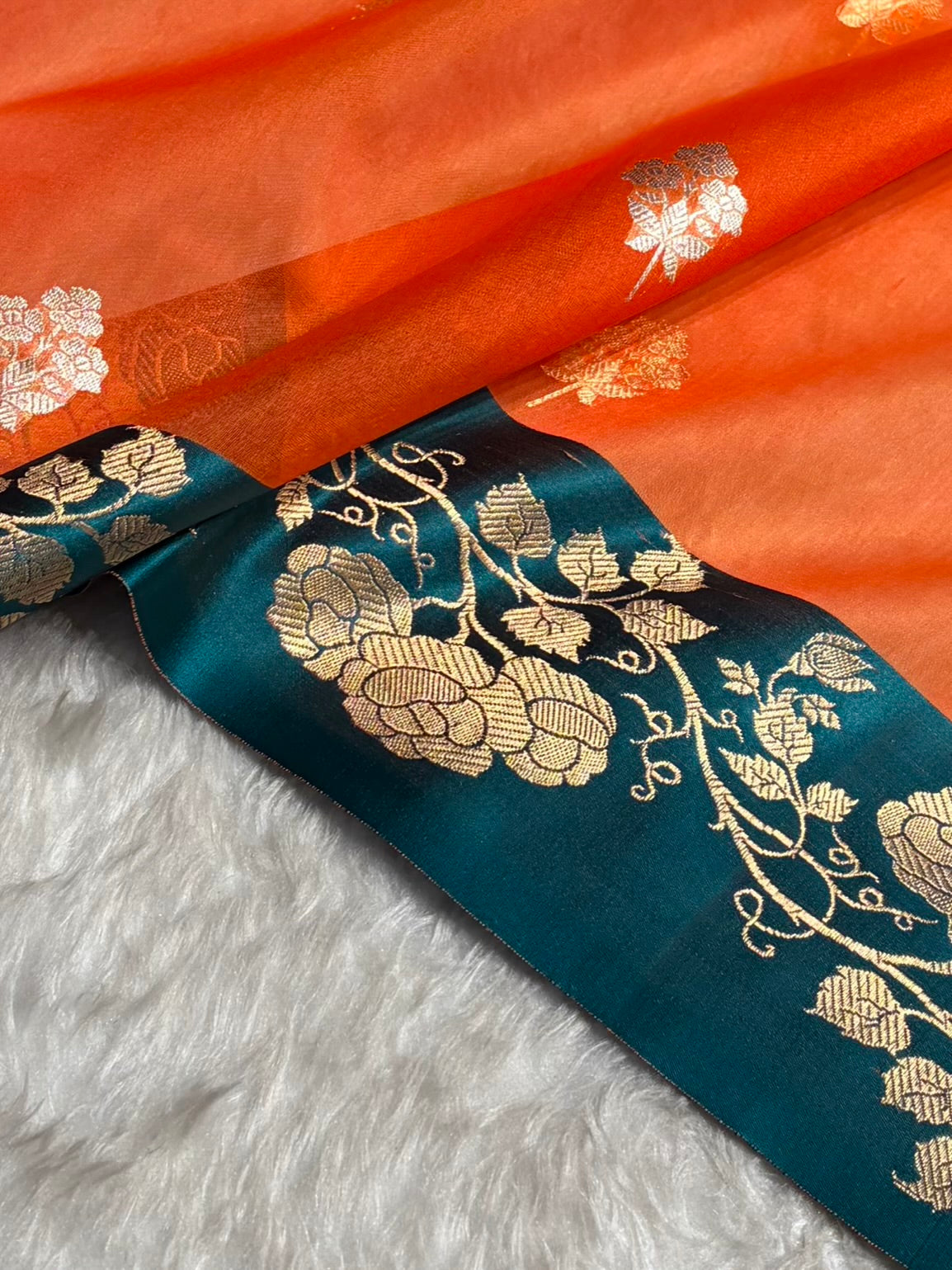 Contrast Pure Banarasi Organza Orange With Rama Floral Banarasi Silk Saree PO-13