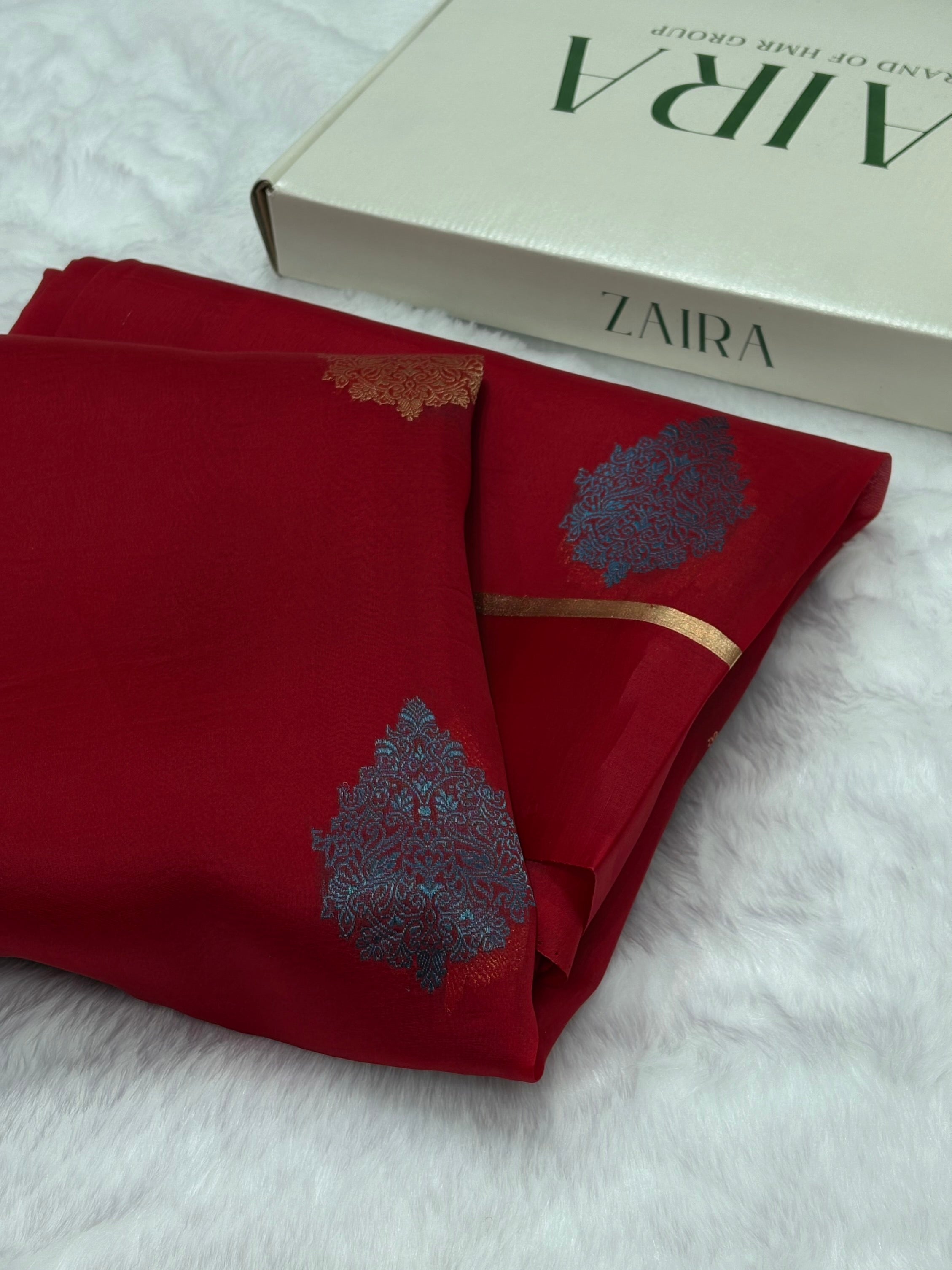 Pure Organza Blud Red Floral Banarasi Silk Saree PO-03