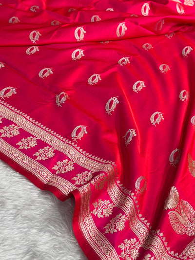 Orangish Rani Shades Banarasi Boota Pattern Floral Mashru Silk Saree MSM-112