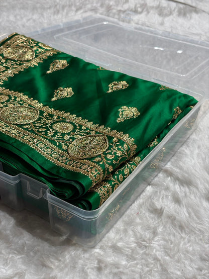 Banarasi Satin Katan Saree With Aari Zardozi Work Boota in Bottle Green Shades BSK98
