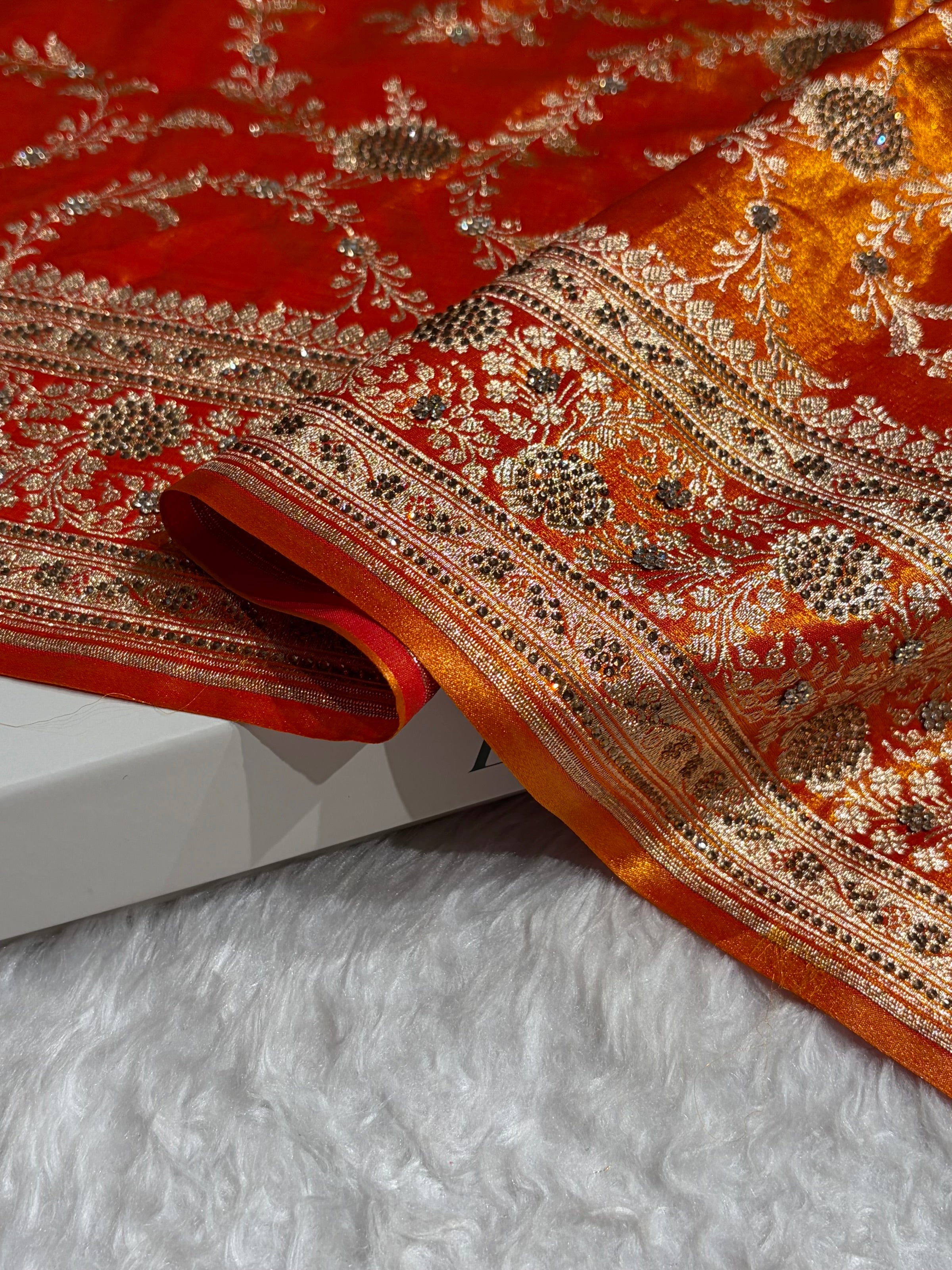 Light Weight Fire Gold Satin Silk Saree with Swarovski work BSS14